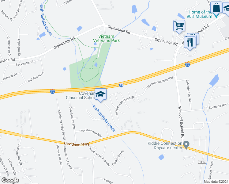 map of restaurants, bars, coffee shops, grocery stores, and more near 1498 Kindred Circle Northwest in Concord
