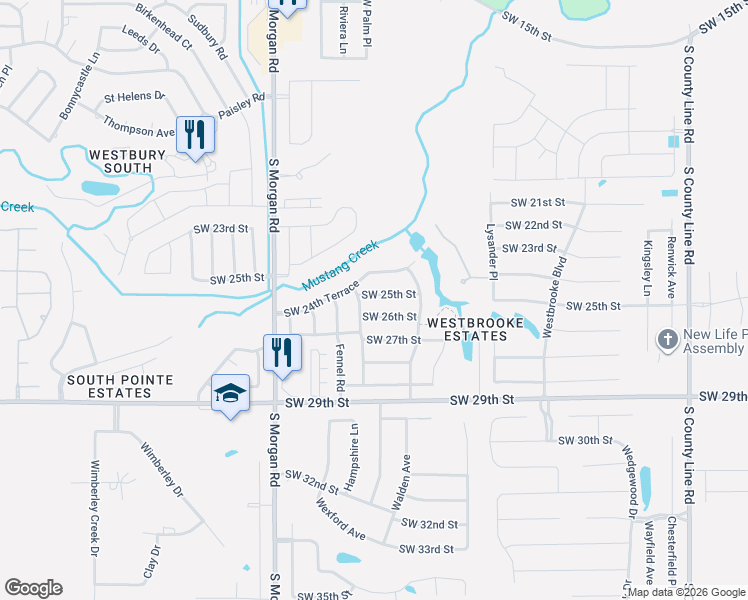 map of restaurants, bars, coffee shops, grocery stores, and more near 9529 Southwest 25th Street in Oklahoma City