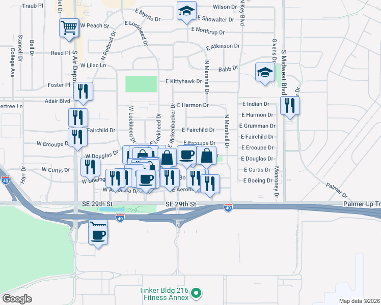 map of restaurants, bars, coffee shops, grocery stores, and more near 214 East Ercoupe Drive in Midwest City