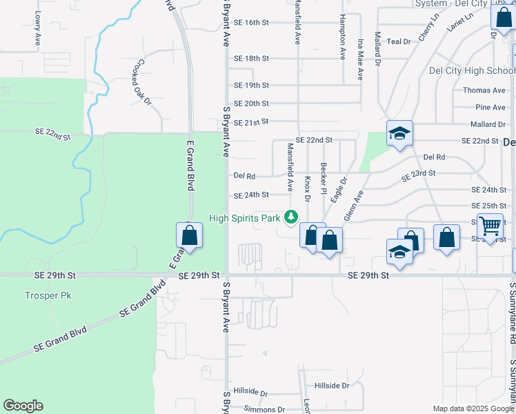 map of restaurants, bars, coffee shops, grocery stores, and more near 3212 Southeast 24th Street in Del City