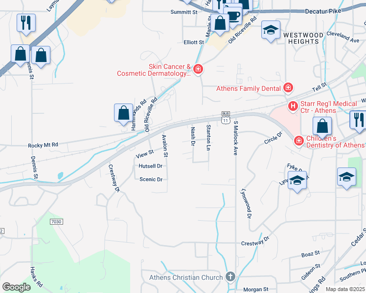 map of restaurants, bars, coffee shops, grocery stores, and more near 1511 View Street in Athens