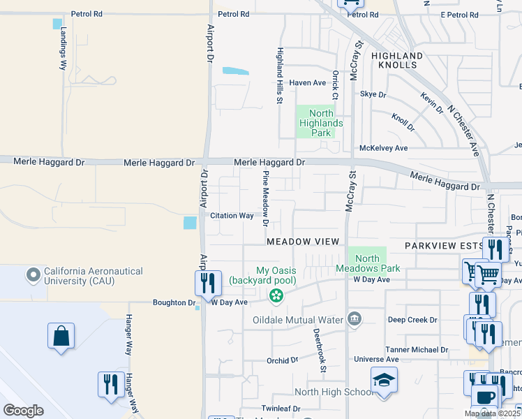 map of restaurants, bars, coffee shops, grocery stores, and more near 3611 Pine Meadow Drive in Bakersfield