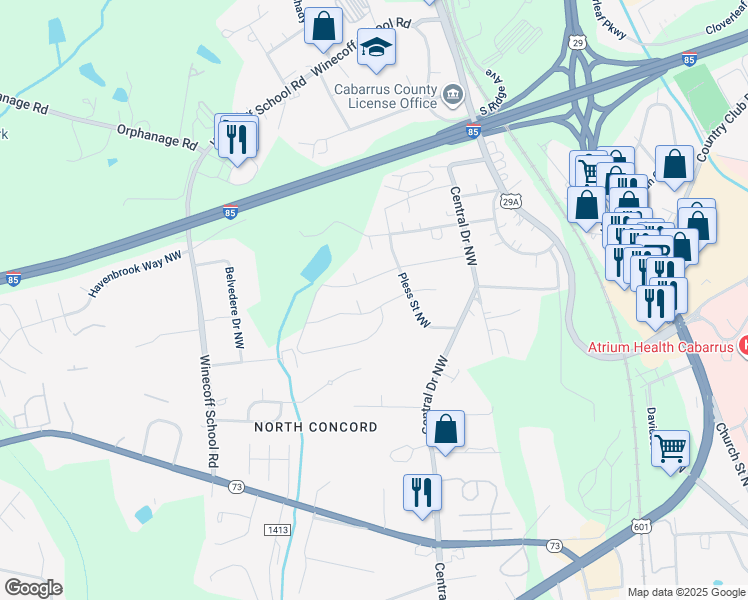 map of restaurants, bars, coffee shops, grocery stores, and more near 256 Southcircle Drive Northwest in Concord