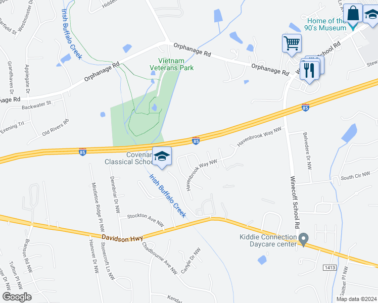 map of restaurants, bars, coffee shops, grocery stores, and more near 1490 Kindred Circle Northwest in Concord