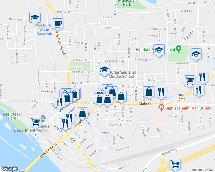 map of restaurants, bars, coffee shops, grocery stores, and more near 1201 Cedar Street in Van Buren