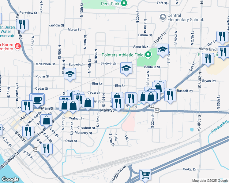 map of restaurants, bars, coffee shops, grocery stores, and more near 1708 Elm Street in Van Buren