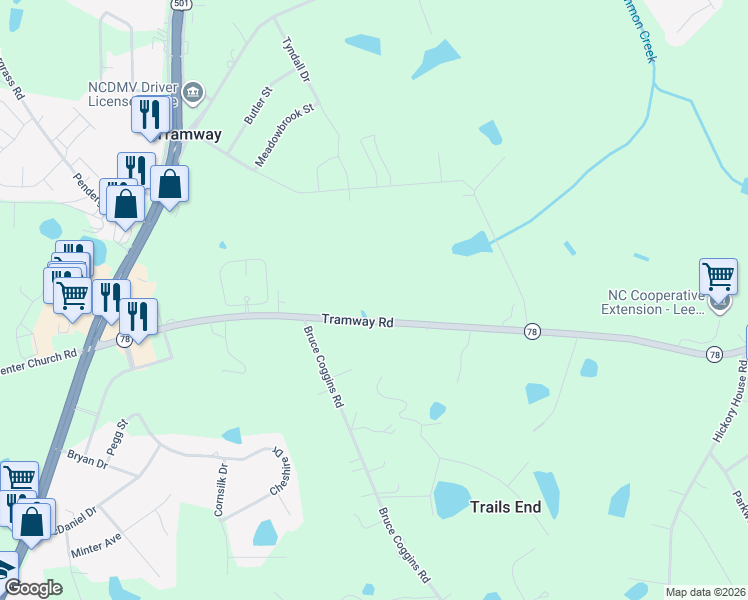 map of restaurants, bars, coffee shops, grocery stores, and more near 2900 Tramway Road in Sanford