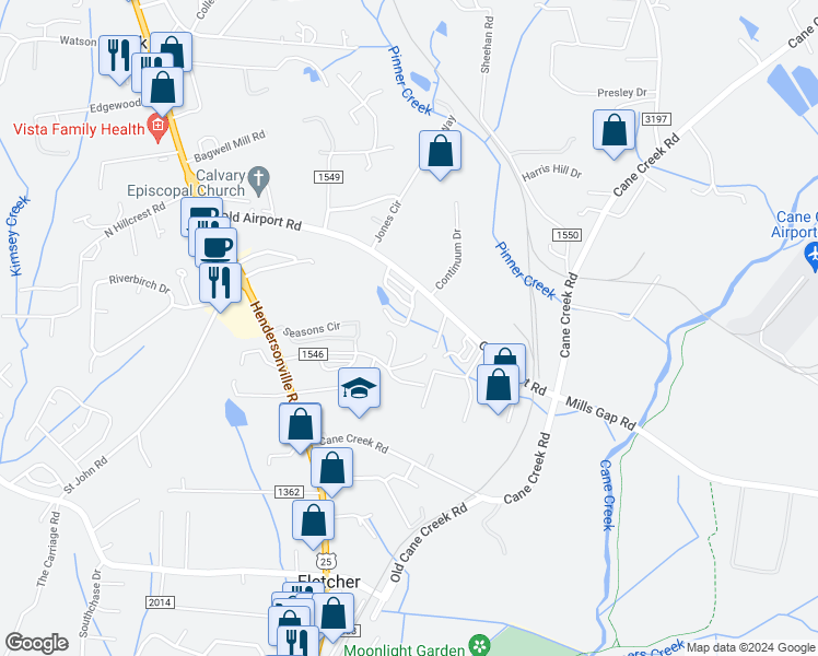 map of restaurants, bars, coffee shops, grocery stores, and more near 105 Thea Lane in Fletcher