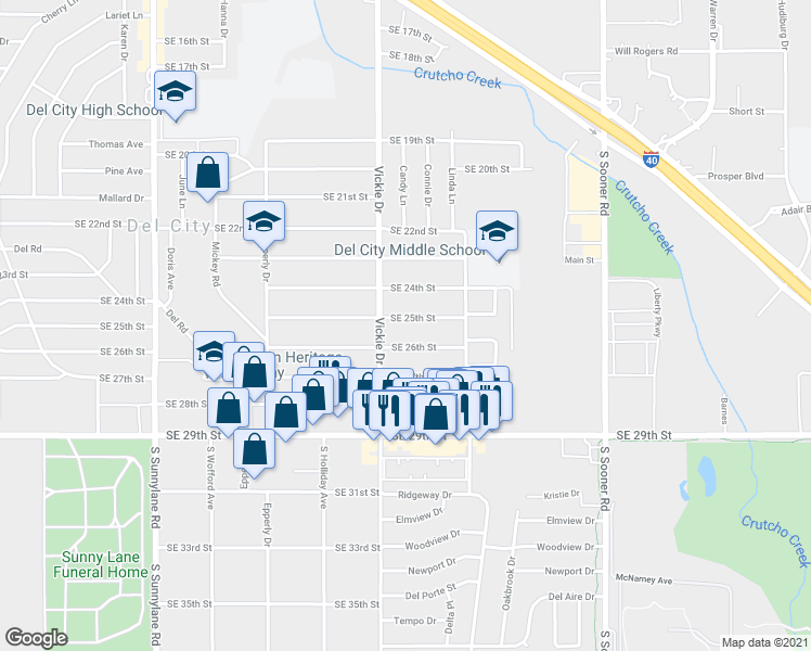 map of restaurants, bars, coffee shops, grocery stores, and more near 4720 Southeast 25th Street in Oklahoma City