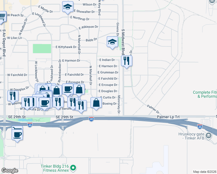 map of restaurants, bars, coffee shops, grocery stores, and more near 520 East Ercoupe Drive in Midwest City