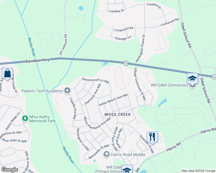 map of restaurants, bars, coffee shops, grocery stores, and more near 1604 Dartmoor Avenue Northwest in Concord