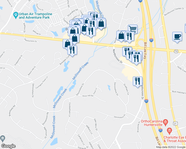 map of restaurants, bars, coffee shops, grocery stores, and more near 9616 Devonshire Drive in Huntersville