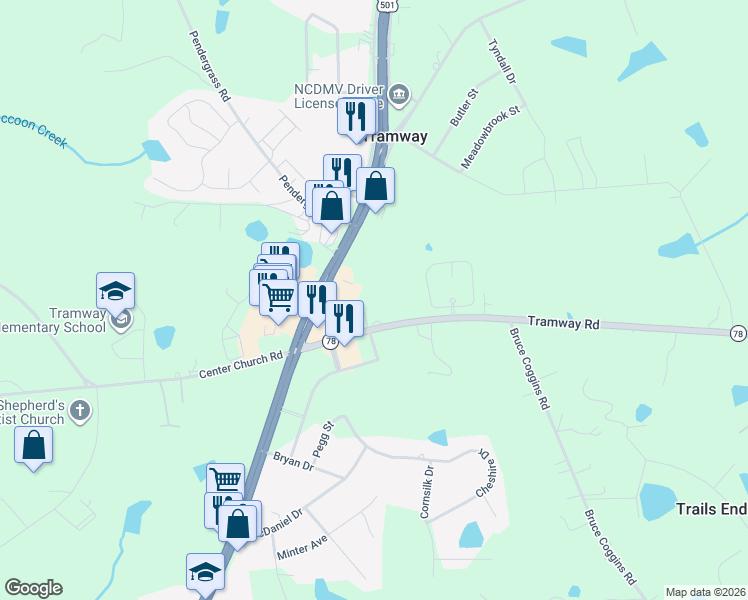 map of restaurants, bars, coffee shops, grocery stores, and more near 3112 Tramway Road in Sanford