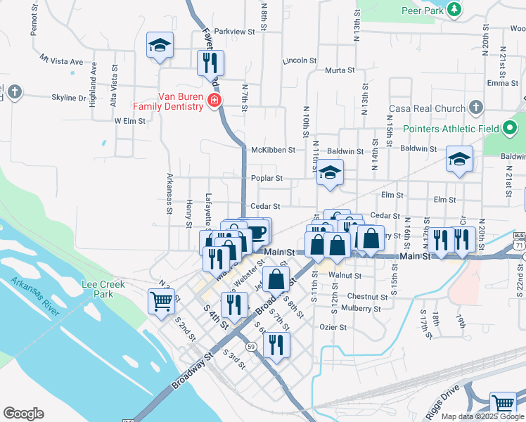 map of restaurants, bars, coffee shops, grocery stores, and more near 126 Cane Hill Street in Van Buren