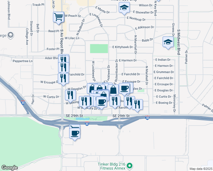 map of restaurants, bars, coffee shops, grocery stores, and more near 304 East Mid-America Boulevard in Midwest City
