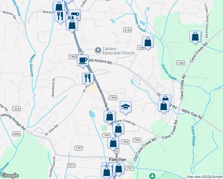 map of restaurants, bars, coffee shops, grocery stores, and more near 314 Seasons Circle in Fletcher
