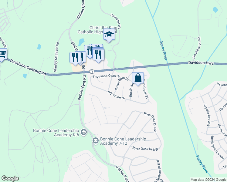 map of restaurants, bars, coffee shops, grocery stores, and more near 1811 Rustic Barn Drive in Huntersville