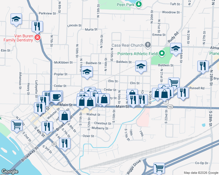 map of restaurants, bars, coffee shops, grocery stores, and more near 1407 Cedar Street in Van Buren