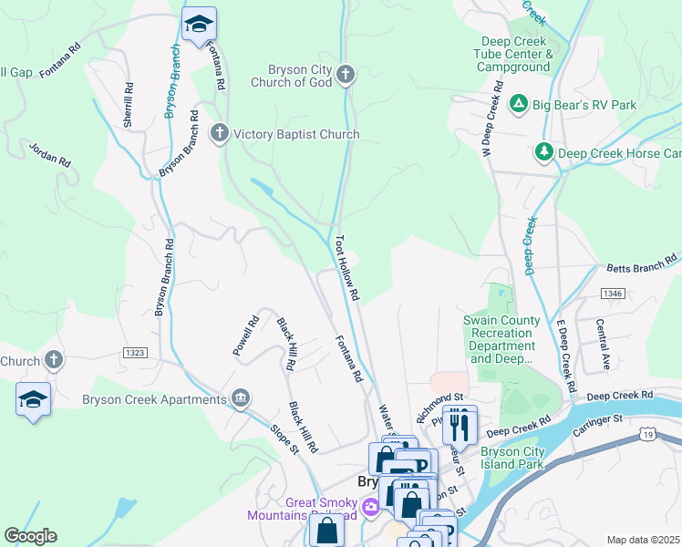map of restaurants, bars, coffee shops, grocery stores, and more near 194 Monteith Road in Bryson City