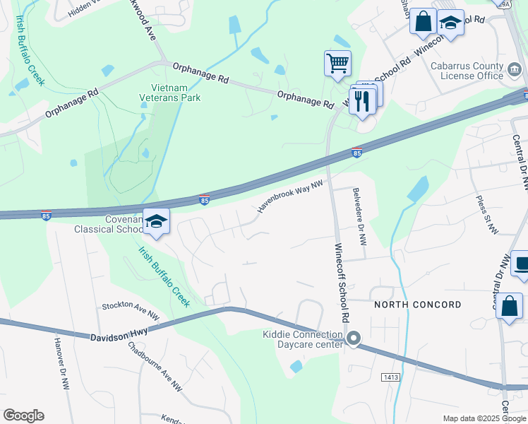 map of restaurants, bars, coffee shops, grocery stores, and more near 409 Havenbrook Way Northwest in Concord