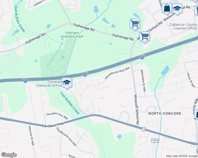 map of restaurants, bars, coffee shops, grocery stores, and more near 1413 Cherith Court Northwest in Concord