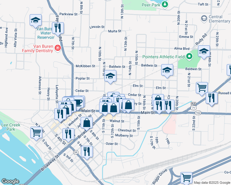 map of restaurants, bars, coffee shops, grocery stores, and more near 1205 Cedar Street in Van Buren