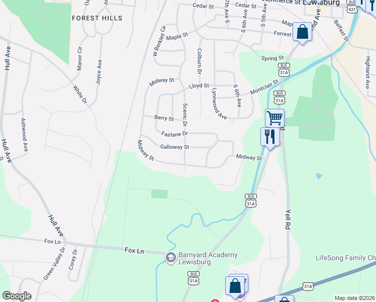 map of restaurants, bars, coffee shops, grocery stores, and more near 741 Scenic Drive in Lewisburg