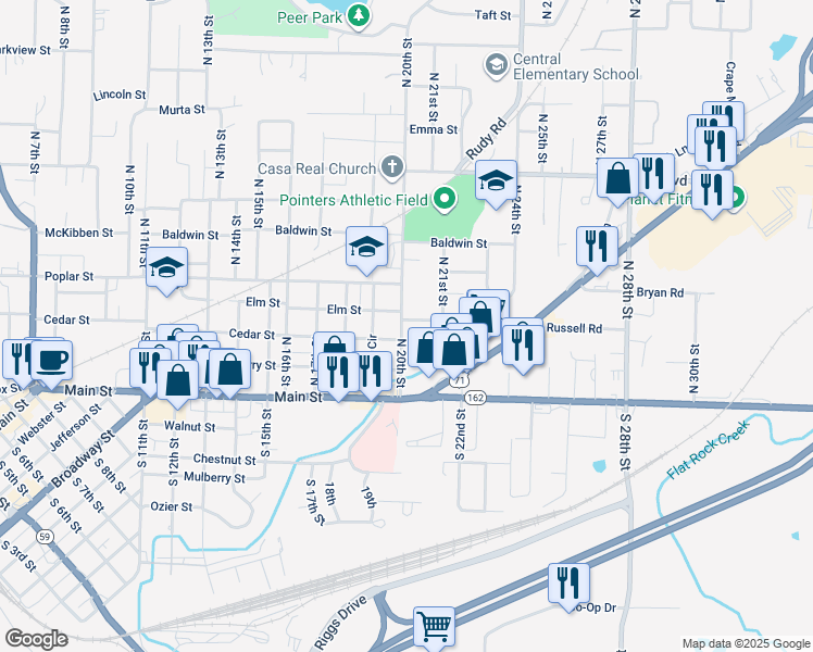 map of restaurants, bars, coffee shops, grocery stores, and more near 210 North 20th Street in Van Buren