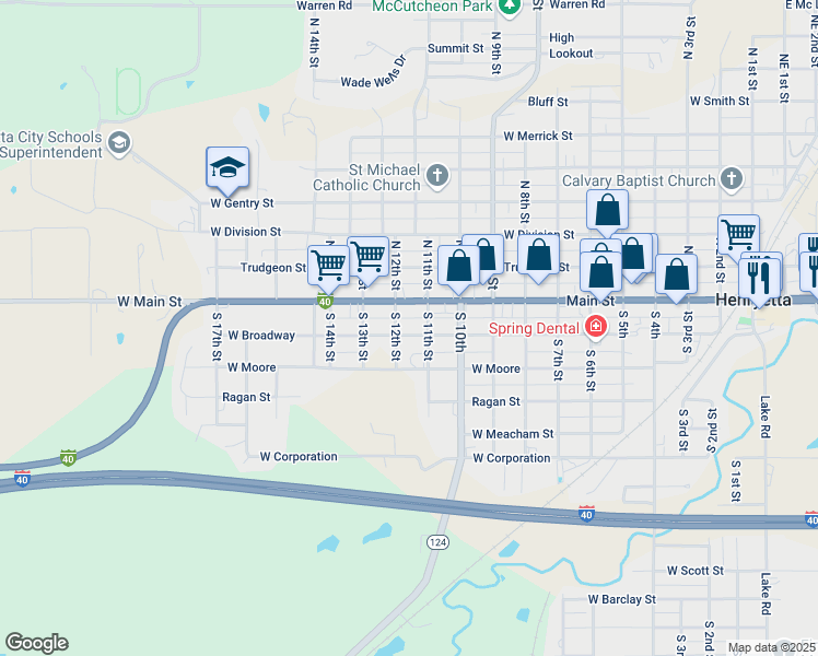 map of restaurants, bars, coffee shops, grocery stores, and more near 1108 West Broadway in Henryetta