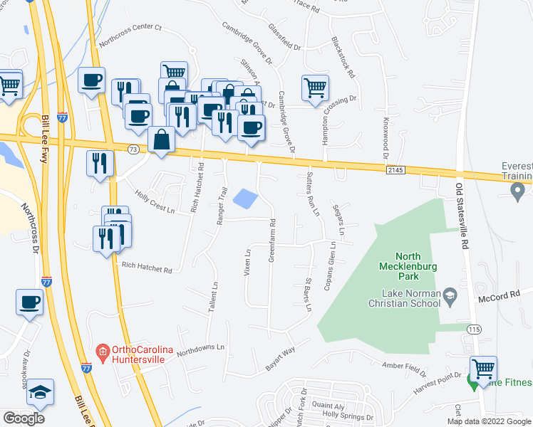 map of restaurants, bars, coffee shops, grocery stores, and more near 16601 Greenfarm Road in Huntersville