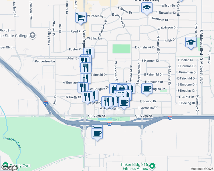 map of restaurants, bars, coffee shops, grocery stores, and more near 203 West Douglas Drive in Midwest City