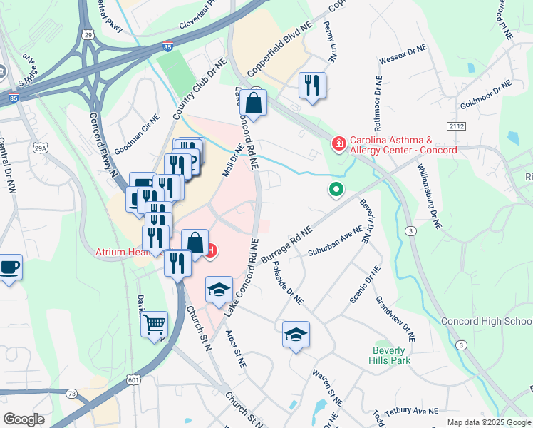 map of restaurants, bars, coffee shops, grocery stores, and more near 140 Lake Concord Road Northeast in Concord