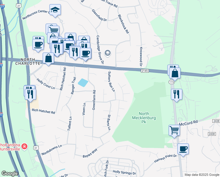 map of restaurants, bars, coffee shops, grocery stores, and more near 16512 Sutters Run Lane in Huntersville
