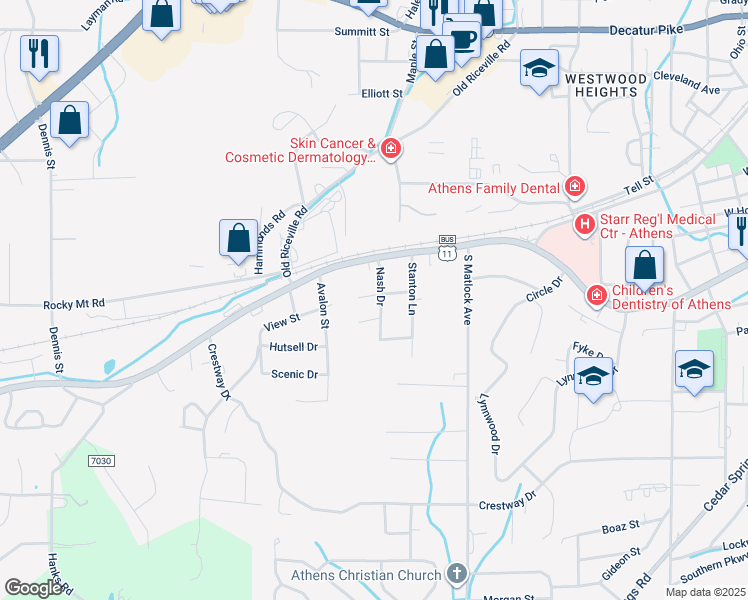 map of restaurants, bars, coffee shops, grocery stores, and more near 102 Nash Dr in Athens