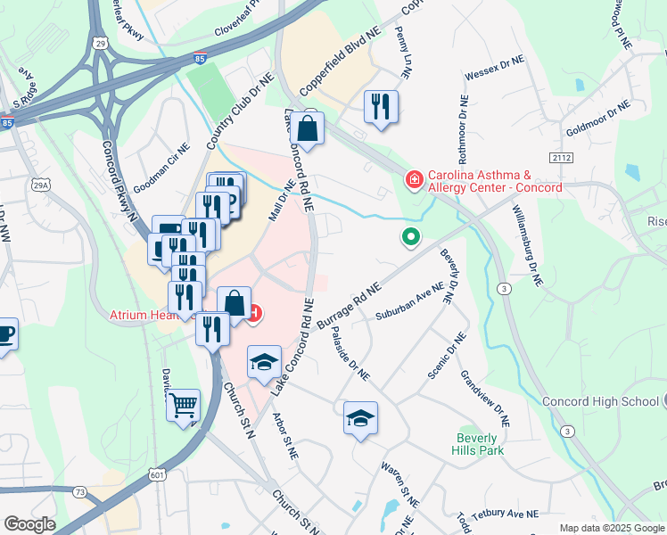 map of restaurants, bars, coffee shops, grocery stores, and more near 140 Lake Concord Road Northeast in Concord