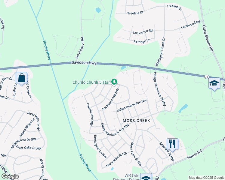 map of restaurants, bars, coffee shops, grocery stores, and more near 1600 Bay Meadows Avenue Northwest in Concord