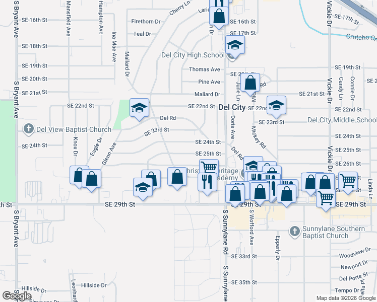 map of restaurants, bars, coffee shops, grocery stores, and more near 4037 Southeast 25th Street in Del City