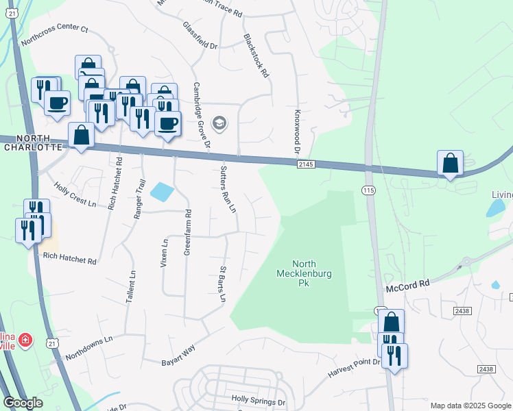 map of restaurants, bars, coffee shops, grocery stores, and more near 10500 Cobb Court in Huntersville