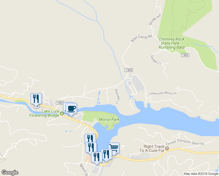 map of restaurants, bars, coffee shops, grocery stores, and more near 328 Boys Camp Road in Lake Lure