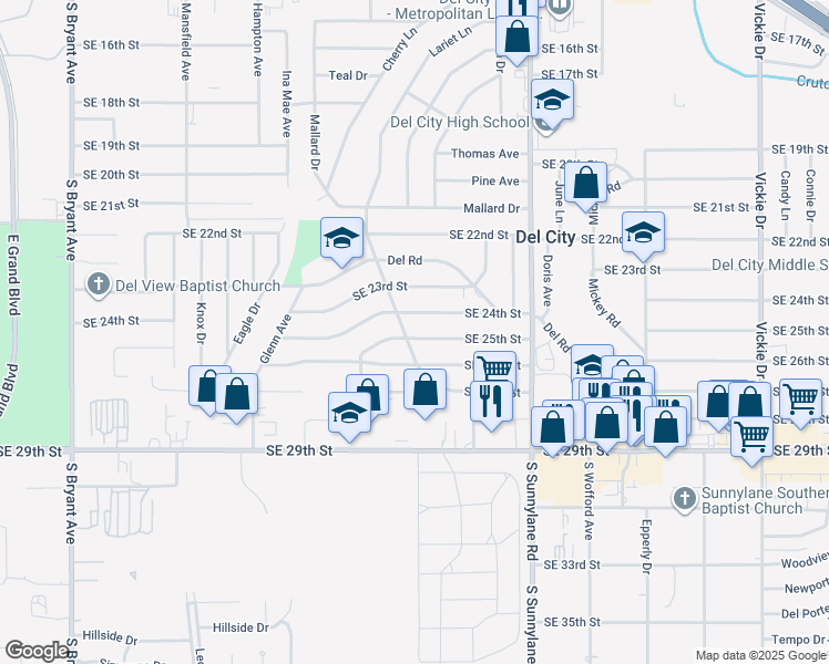 map of restaurants, bars, coffee shops, grocery stores, and more near 4005 Southeast 25th Street in Del City