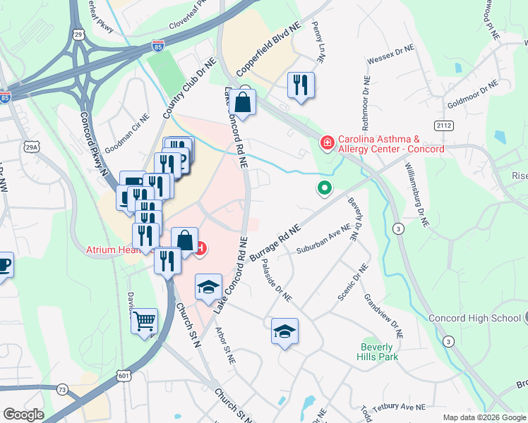 map of restaurants, bars, coffee shops, grocery stores, and more near 140 Lake Concord Road Northeast in Concord