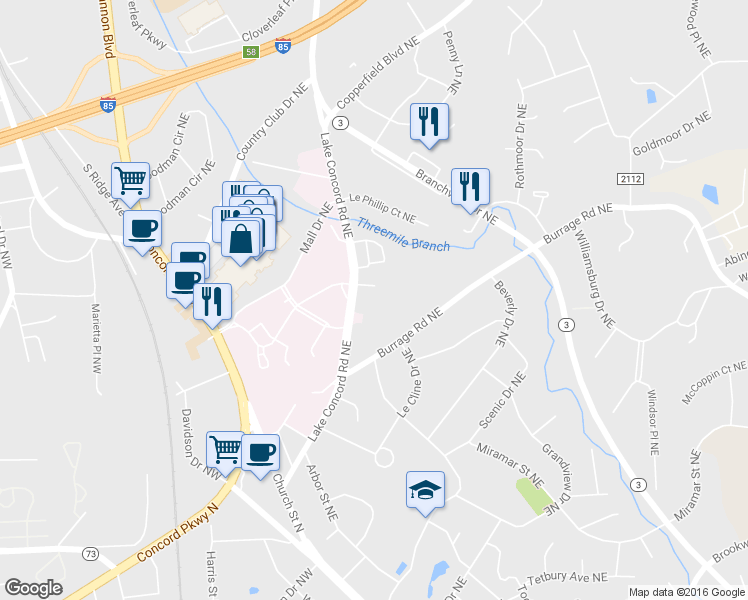 map of restaurants, bars, coffee shops, grocery stores, and more near 140 Lake Concord Road Northeast in Concord