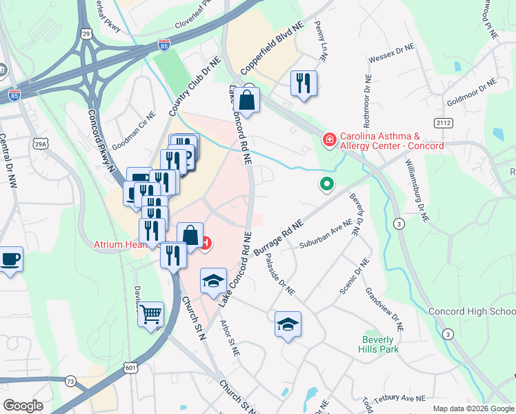 map of restaurants, bars, coffee shops, grocery stores, and more near 140 Lake Concord Road Northeast in Concord