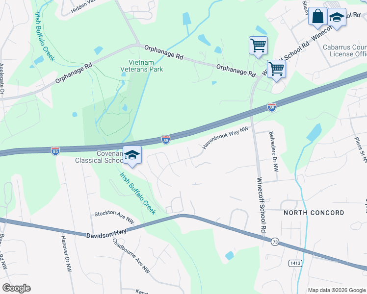 map of restaurants, bars, coffee shops, grocery stores, and more near 1430 Rheo Court Northwest in Concord