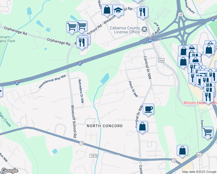 map of restaurants, bars, coffee shops, grocery stores, and more near 47 Lakewood Court Northwest in Concord
