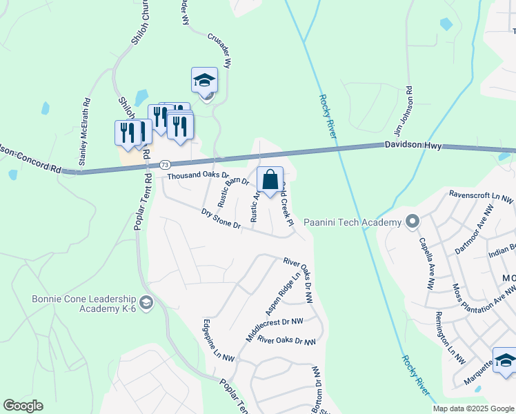 map of restaurants, bars, coffee shops, grocery stores, and more near 1626 Rustic Arch Way in Huntersville