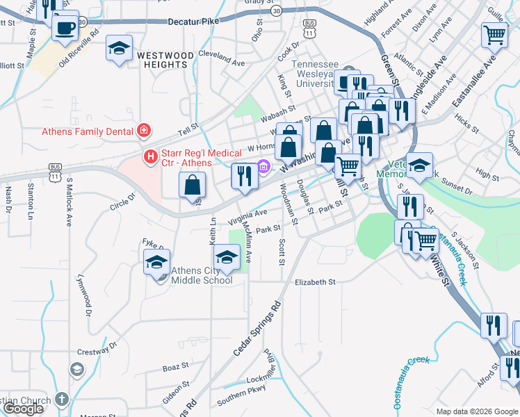 map of restaurants, bars, coffee shops, grocery stores, and more near 614 Virginia Ave in Athens