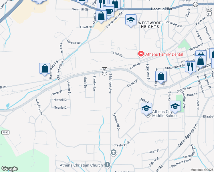 map of restaurants, bars, coffee shops, grocery stores, and more near 110 South Matlock Avenue in Athens