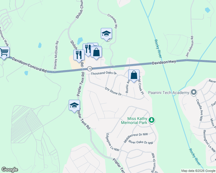 map of restaurants, bars, coffee shops, grocery stores, and more near 1820 Meadow Crossing Drive in Huntersville