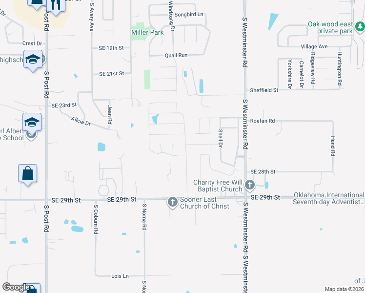 map of restaurants, bars, coffee shops, grocery stores, and more near 2400 Snapper Ln in Oklahoma City